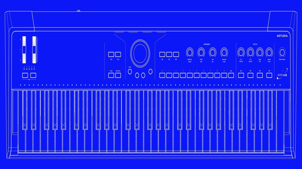Arturia AstroLab 61 stage keyboard top panel showing the macro knobs and navigation dial