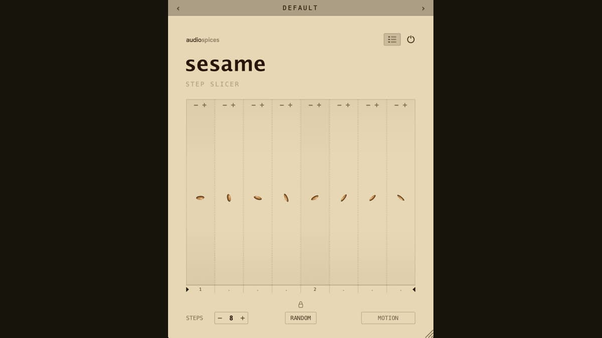 Audio Spices Sesame step slicer with seed piles on a host-locked step grid