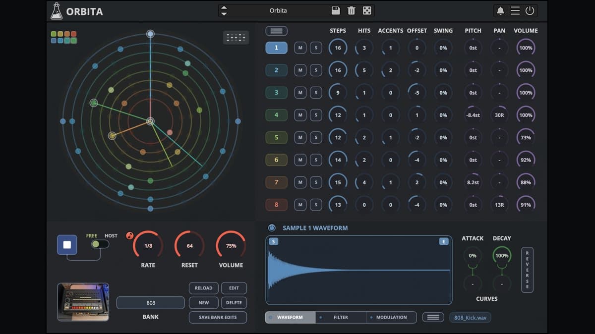 AudioThing Orbita Euclidean drum machine plugin with eight circular sequencers
