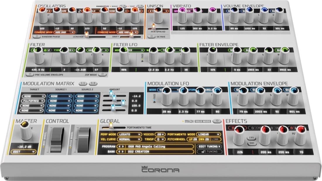 discoDSP Corona 7 virtual analog and wavetable synthesizer plugin interface