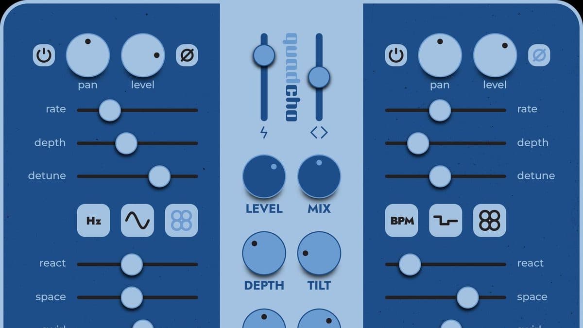 fedDSP quadCHO two-section chorus with REACT, SPACE, SWIRL, and a centre MIX, DEPTH, and TILT panel