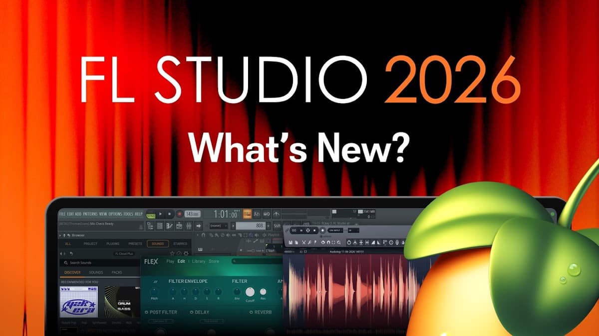 FL Studio 2026 interface showing the rebuilt FLEX synth and piano roll chord tools