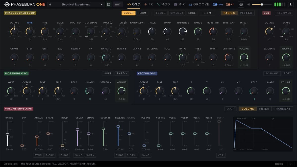 Phaseburn One software synthesizer oscillator section interface