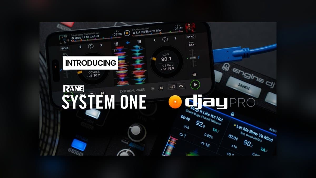 RANE SYSTEM ONE running Algoriddim djay Pro, with djay on an iPhone connected over USB-C and track details on the unit's touchscreen