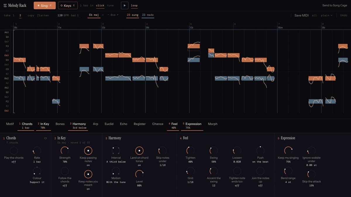 Song Cage Melody Rack MIDI piano roll with a sung melody, chord bed, and harmony-aware effect strips