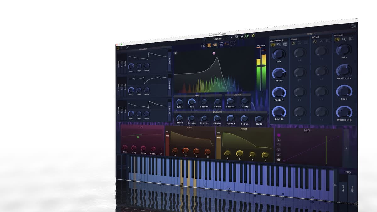 Stagecraft Cenere subtractive synthesizer with vintage oscillators, morphing filter, unison, and onboard effects