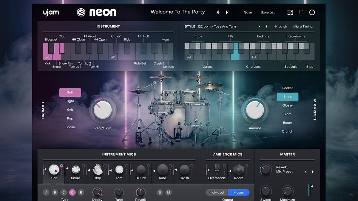 UJAM Virtual Drummer NEON interface with phrase lanes, kit mixer, and Real/Glam slider
