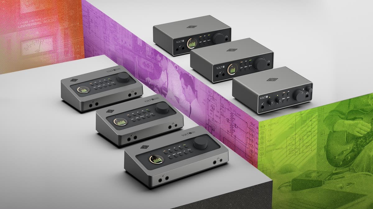 The six Universal Audio Volt Gen 2 and Volt Max USB-C audio interfaces lined up together