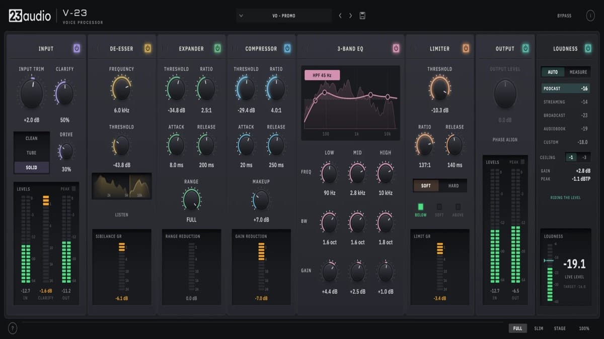 23audio V-23 Voice Processor plugin interface showing the full voice signal chain in one window