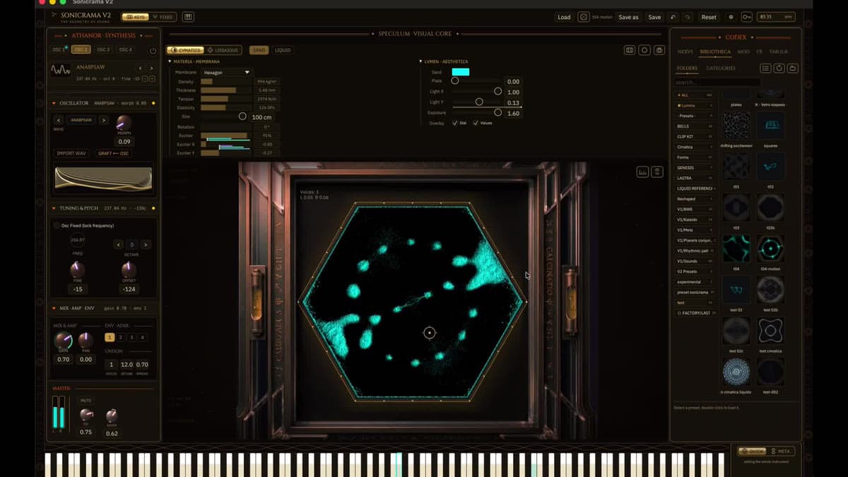 AcusMagic Sonicrama V2 interface with a live Chladni sand plate, meta-tuning keyboard, and wavetable oscillators