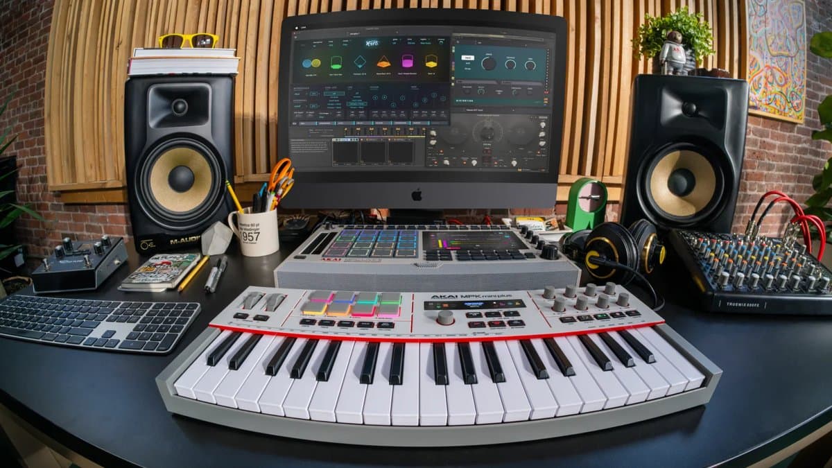 Akai MPK Mini Plus II 37-key MIDI keyboard controller with RGB MPC pads and color display on a studio desk between two monitors