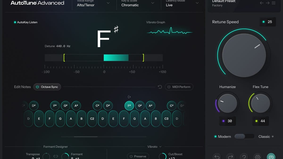 AutoTune Advanced plugin window with retune speed, humanize, flex-tune, and a pitch display