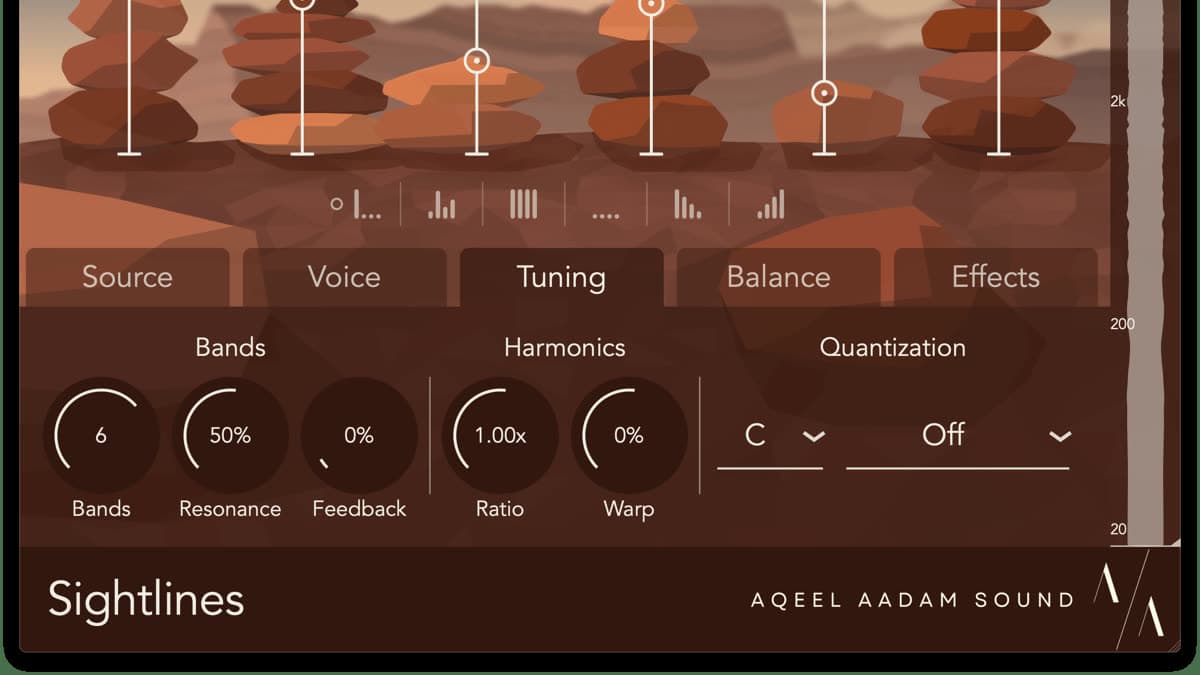 Aqeel Aadam Sightlines harmonic filter with a tuned resonant bandpass bank and cairn-style band faders