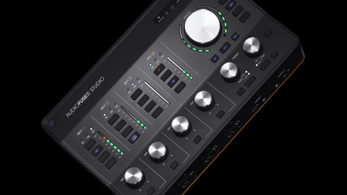 Arturia AudioFuse Studio Rev2 desktop audio interface on a studio desk