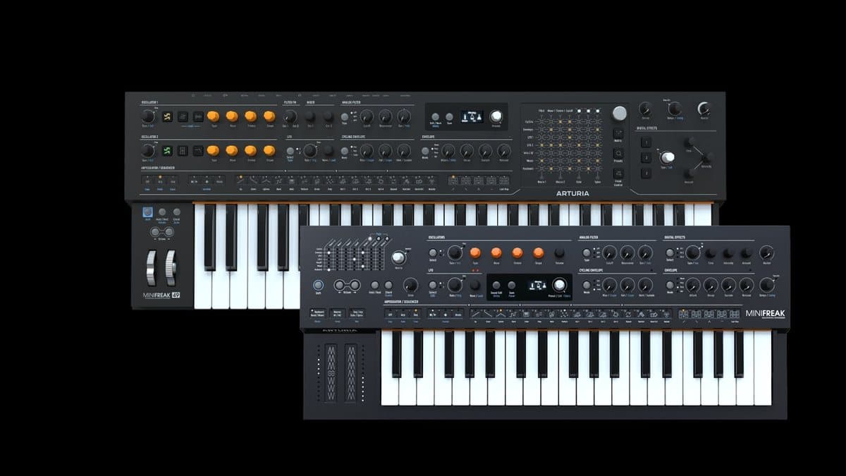 Arturia MiniFreak 49 with 49 full-size keys and touch matrix shown above the original 37-key MiniFreak