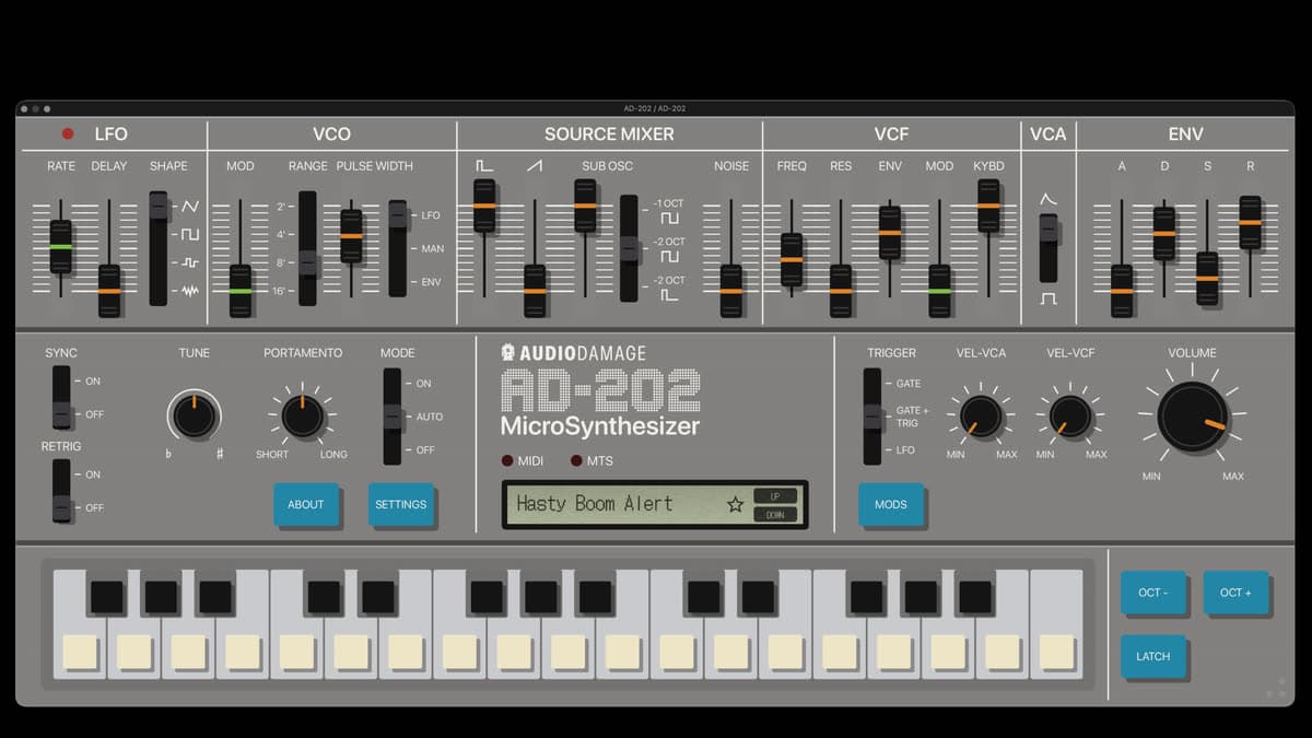 Audio Damage AD-202 MicroSynthesizer plugin panel with VCO, source mixer, 24 dB ladder, and ADSR