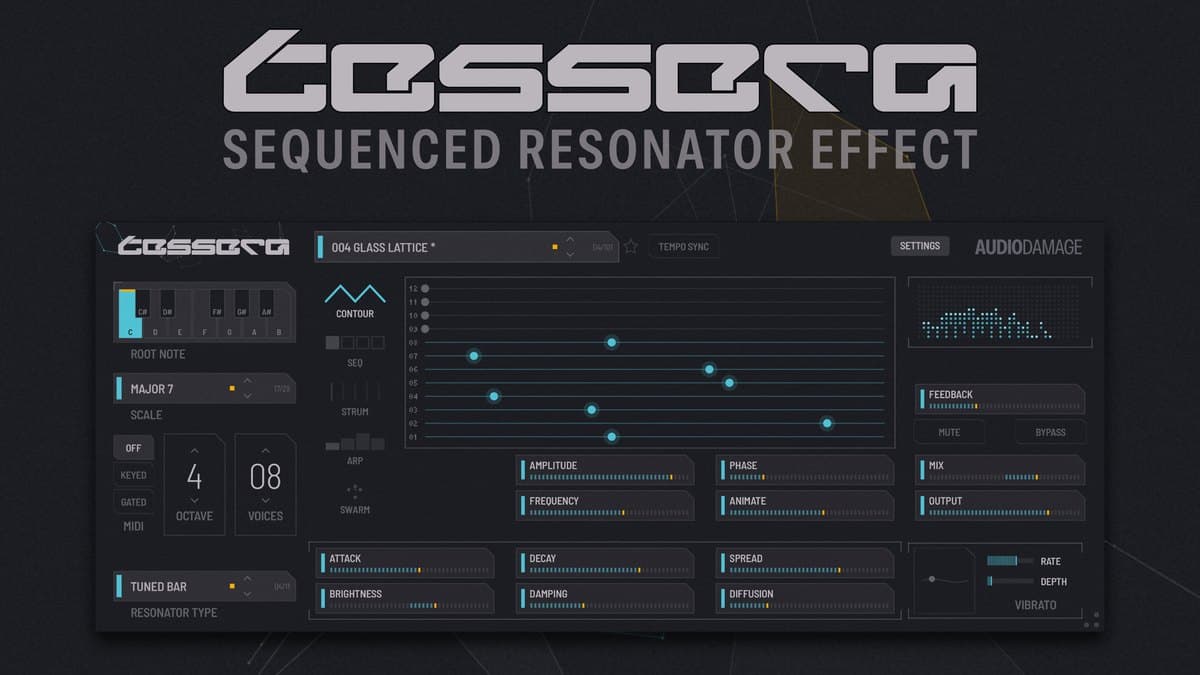 Audio Damage Tessera sequenced resonator plugin interface showing root note, scale, motion engines and resonator controls