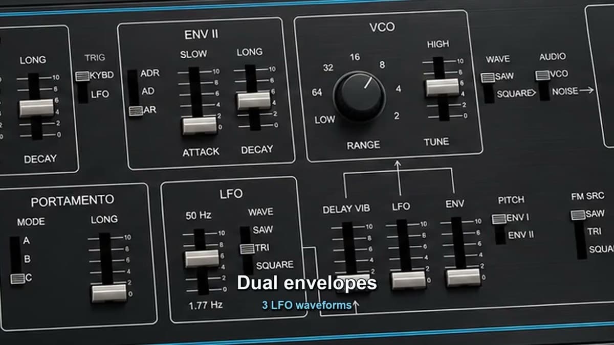 Audio Blast V10F monophonic virtual analog synthesizer inspired by the Kawai 100F