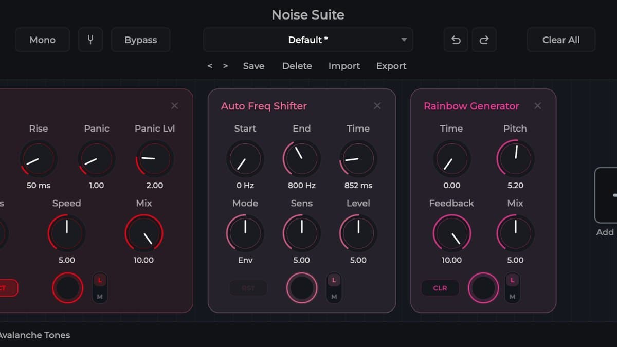 Avalanche Tones Noise Suite plugin with a modular chain of pitch, ring, glitch, and lo-fi effects