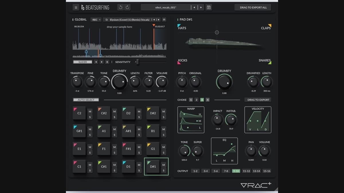 Beatsurfing VRAC+ plugin interface showing the slicer, drumification X/Y pad and 16-pad grid