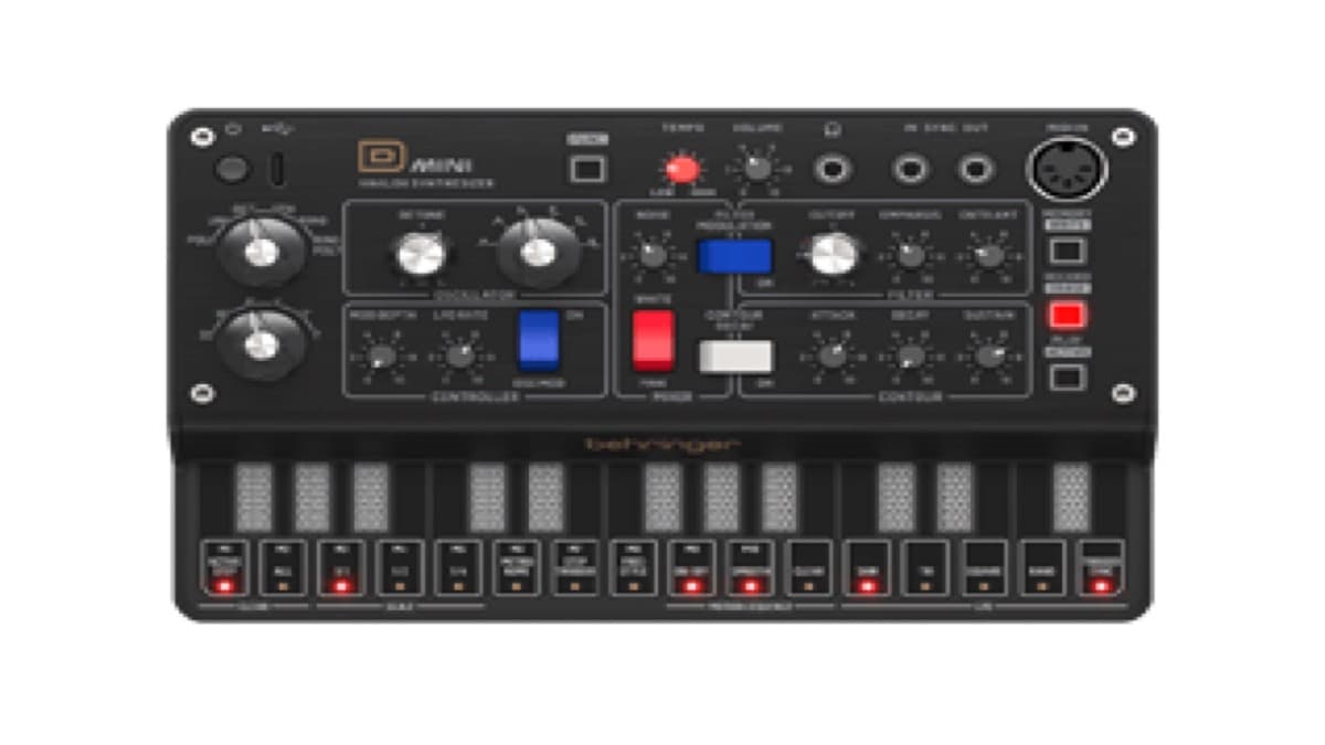 Behringer D Mini portable analog synthesizer with three oscillators, filter section, and touch keyboard
