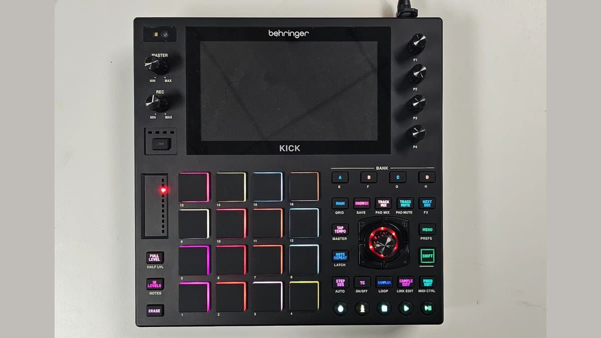 Behringer KICK standalone sampler with a 7-inch touchscreen, 16 RGB pads, four knobs, a jog wheel and a touch strip