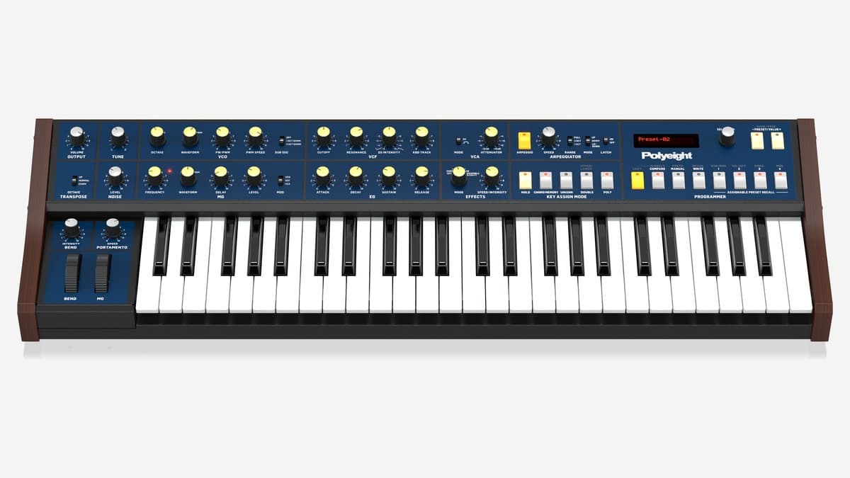 Behringer Polyeight analog polyphonic synthesizer with a blue panel, wooden end cheeks and 49-key keyboard