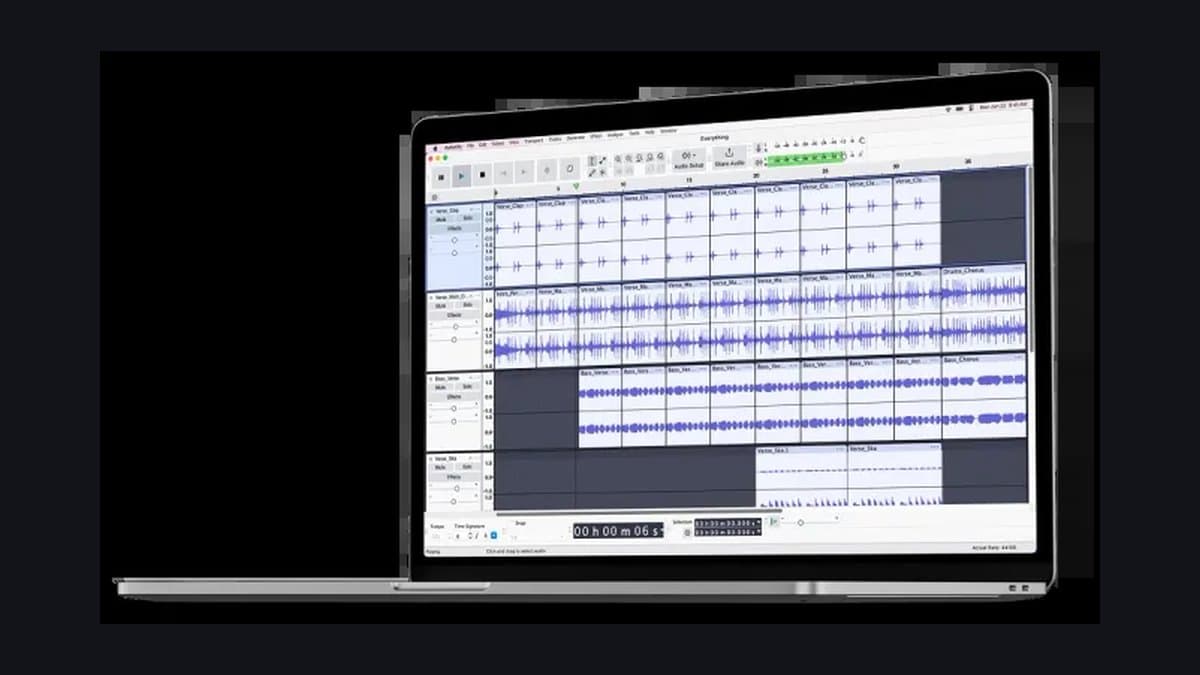 Audacity's multitrack editor with stereo waveforms on the official laptop-framed screenshot