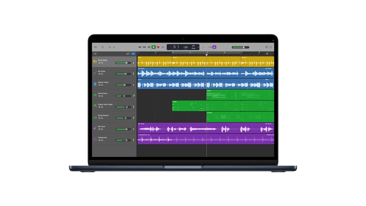 GarageBand on a MacBook showing a multitrack arrangement with audio and MIDI regions