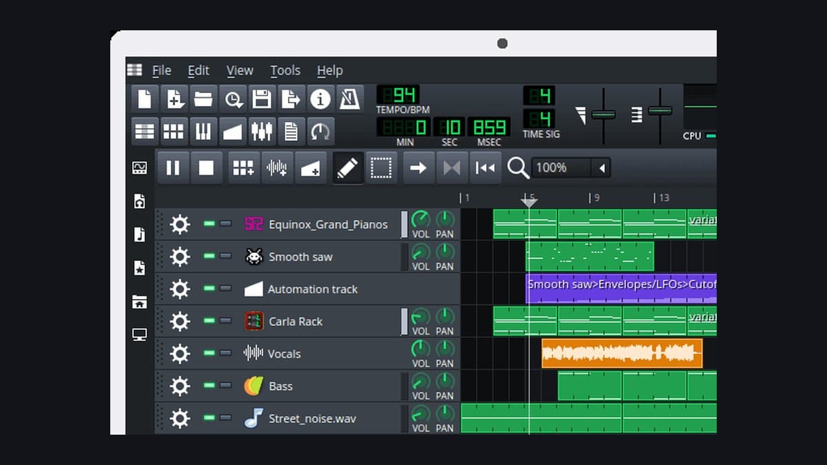The LMMS Song Editor with instrument tracks, automation and a vocal sample