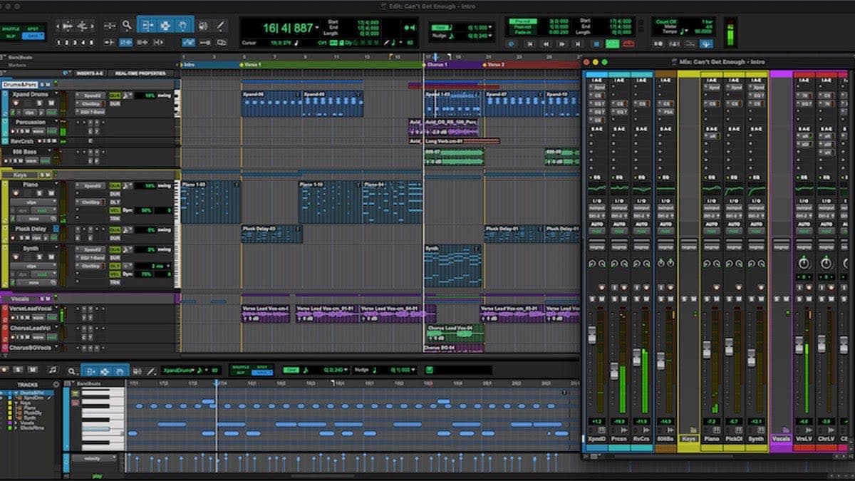 Pro Tools Intro Edit and Mix windows running a full session