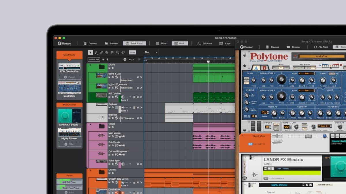 Reason 14's sequencer, Track Panel and Rack side by side
