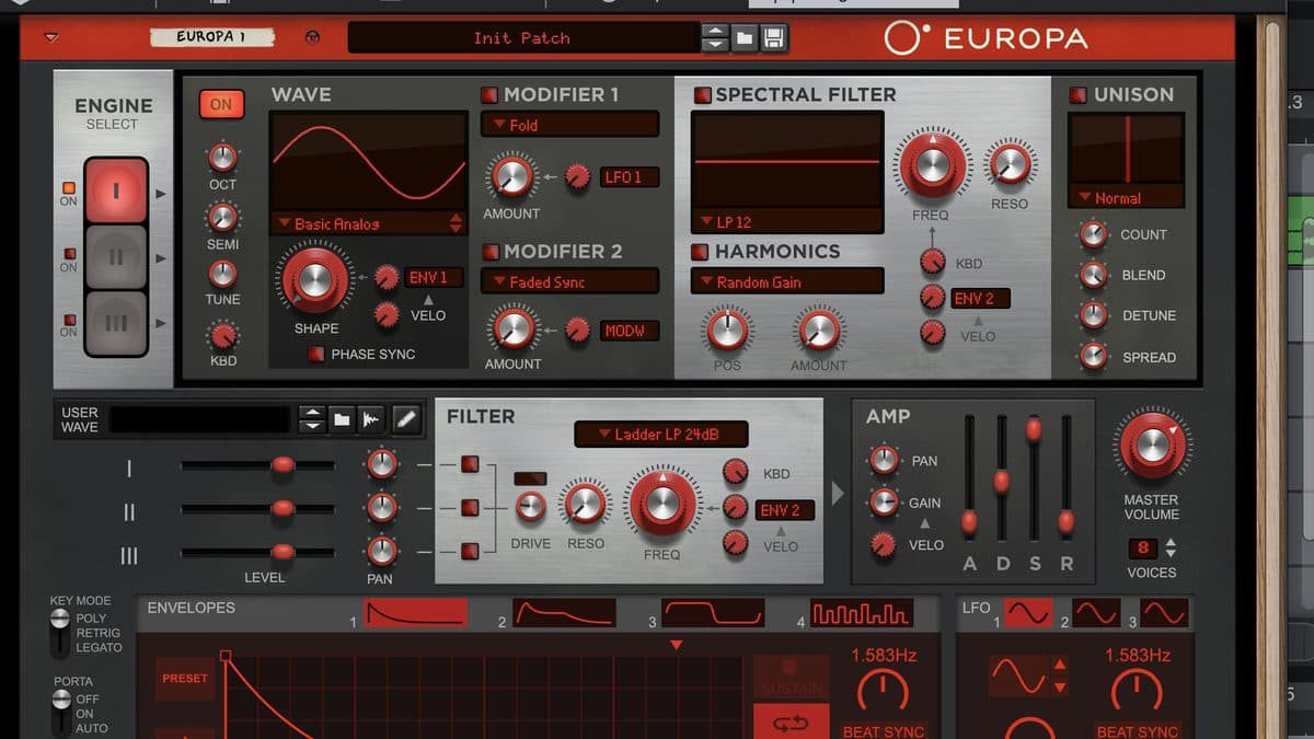 Europa Shapeshifting Synthesizer in the Reason Free Rack, with its spectral filter, envelopes and modulation matrix