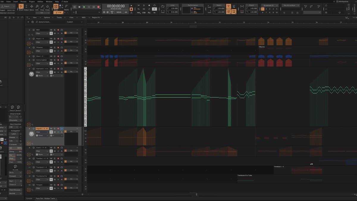 Cakewalk Sonar's sequencer and Piano Roll running a large multitrack session