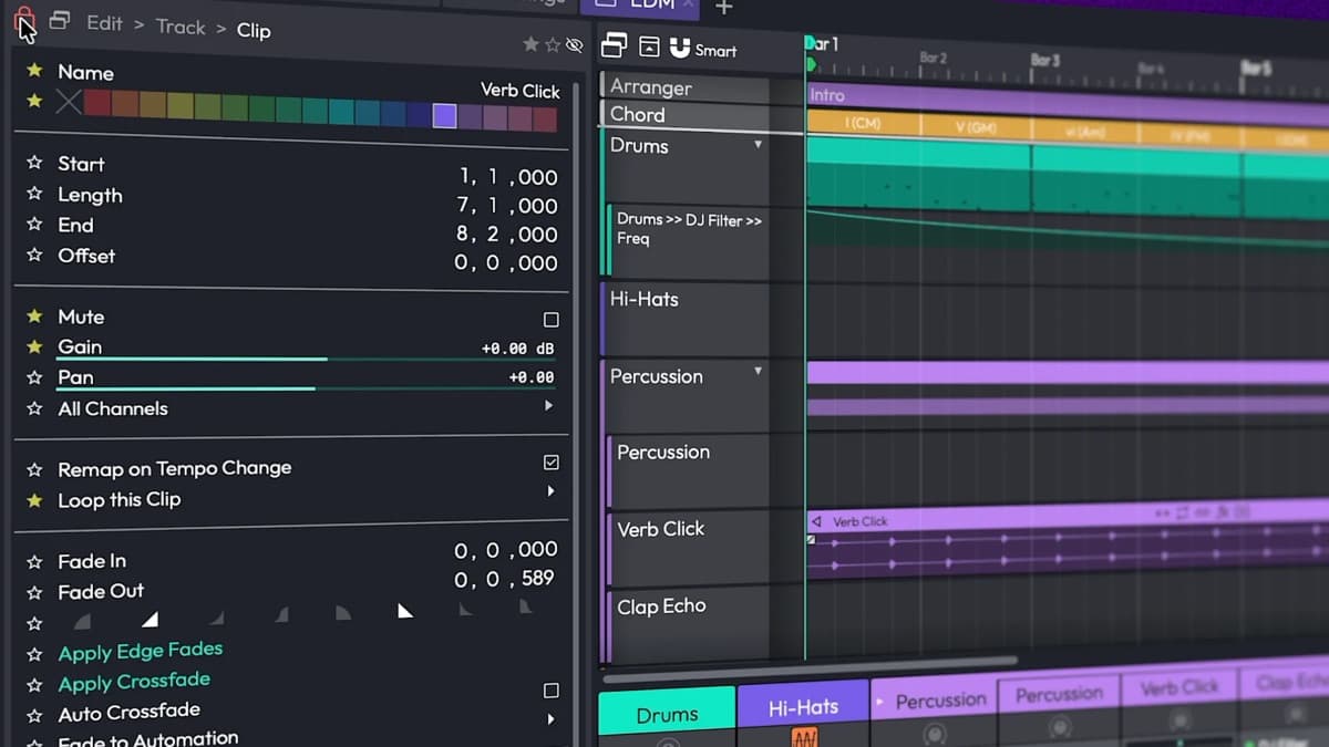 Tracktion Waveform 14 interface with the arranger and chord tracks in the refreshed UI