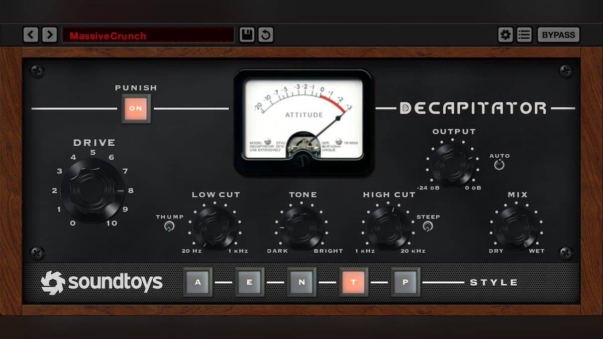 Soundtoys Decapitator interface with Drive, Punish, Tone and the A, E, N, T and P style buttons, one of the best saturation plugins of 2026