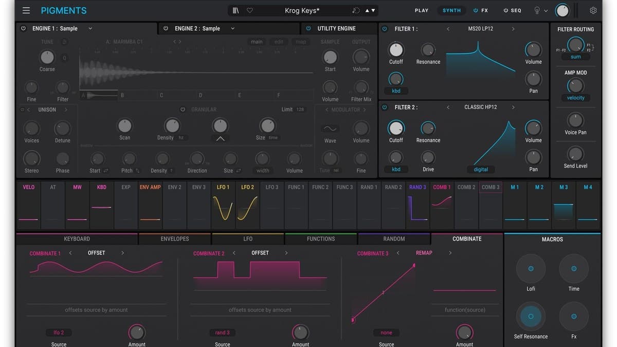 Arturia Pigments 7 synth plugin with two sample engines, filters and the Combinate modulation view