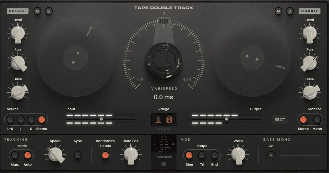 AIR Music Tech Tape Double Track plugin interface showing dual tape reels and varispeed control