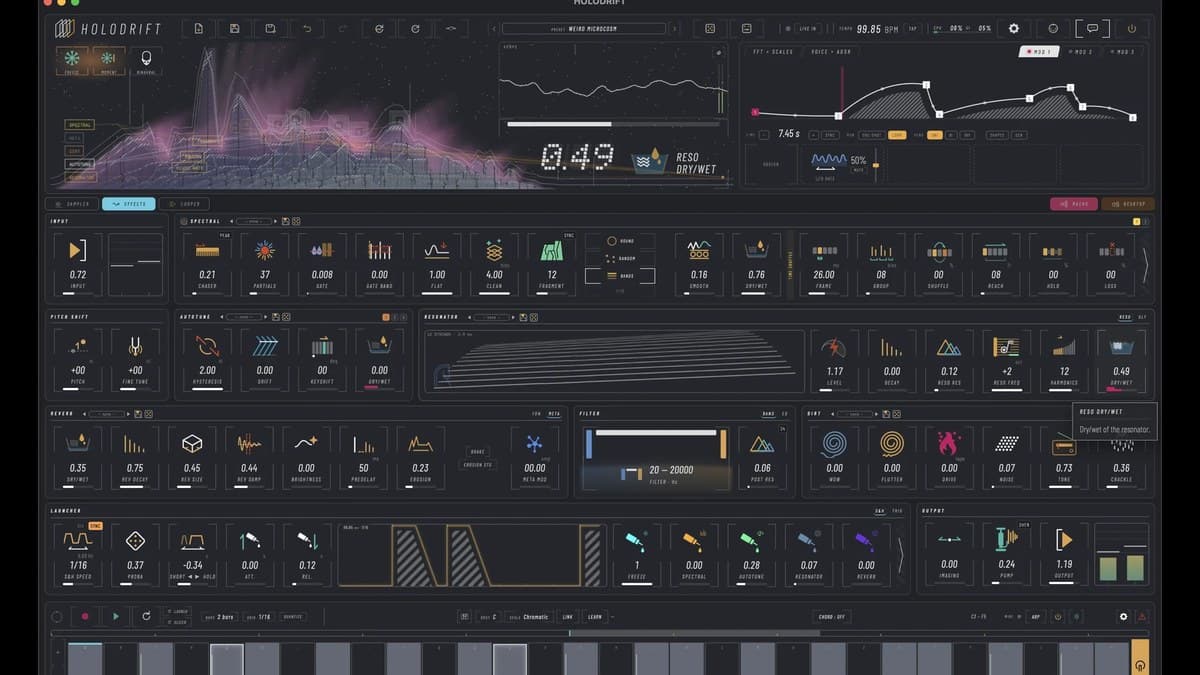 Blinksonic HOLODRIFT plugin interface with the spectral visualizer, journey curve and effect sections