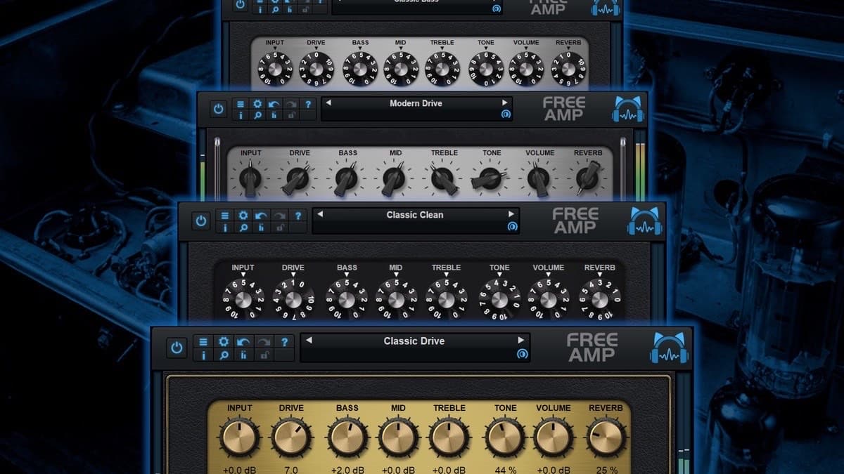 Blue Cat Free Amp 2.0 plugin interface showing an amplifier model with 3D graphics, controls, and cabinet section