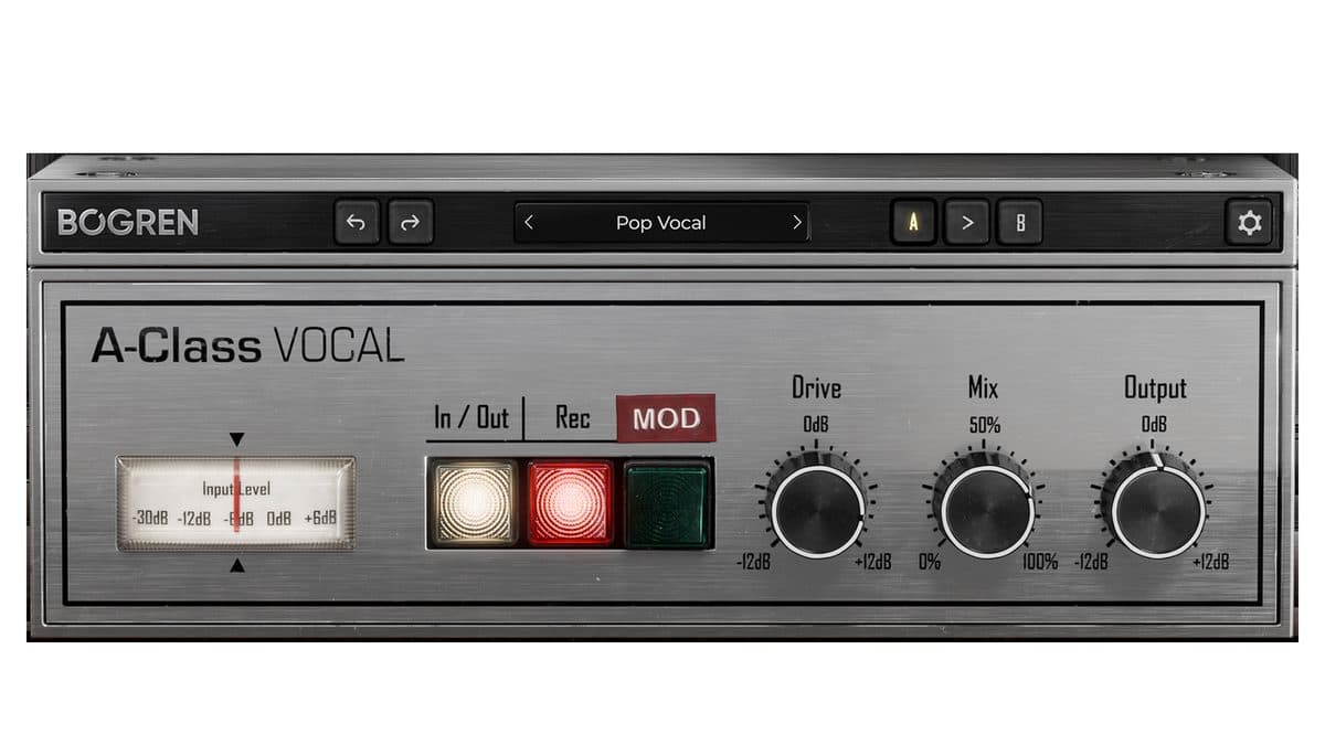 Bogren A-Class Vocal plugin window beside a vintage Type-A hardware unit