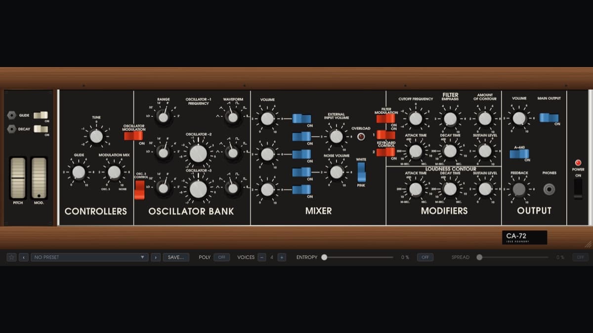 Idle Foundry CA-72 synthesizer plugin panel modelled on the Minimoog Model D