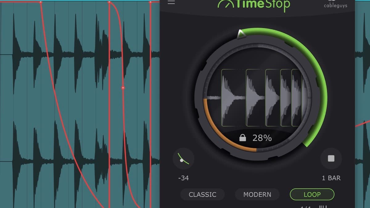 Cableguys TimeStop tape-stop plugin showing the large Pitch knob and automation curve
