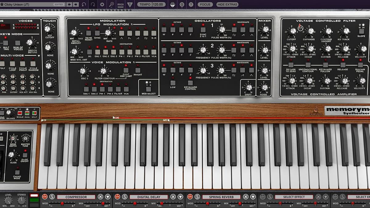 Cherry Audio Memorymode 2 synthesizer plugin interface with dual-layer analog controls