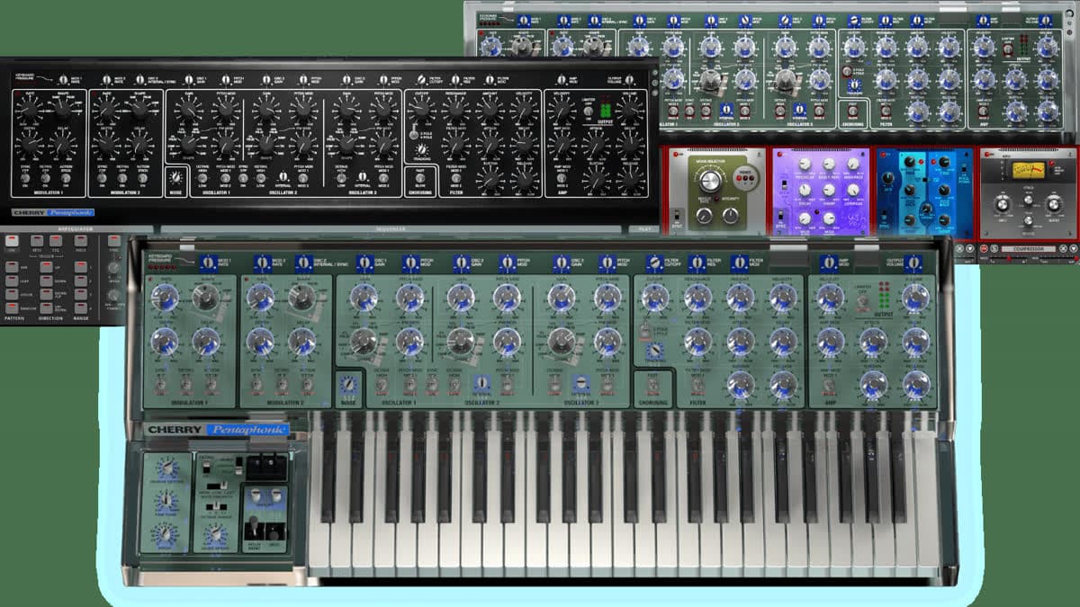 Cherry Audio Pentaphonic plugin showing the black Gleeman-style panel and the translucent clear panel