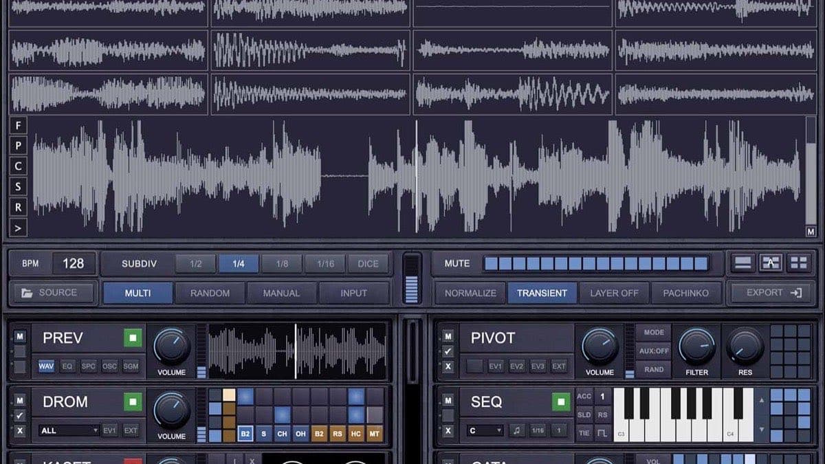 Chopgrid sampler plugin interface with a 16-cell grid and sound modules