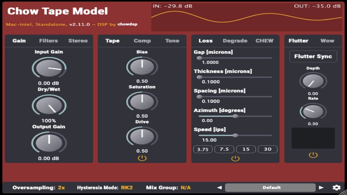 Chowdhury DSP Chow Tape Model free tape saturation plugin interface