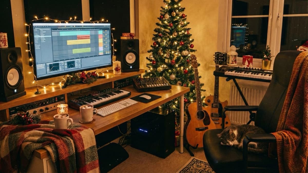 Cozy home music production studio decorated for Christmas with DAW on screen, MIDI keyboard, studio monitors, acoustic guitar, and Christmas tree with lights