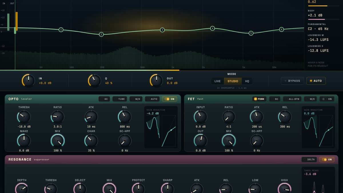 Cryptid Audio Aura channel strip showing the amber aura display, parametric EQ nodes, Opto and FET compressors, and resonance module