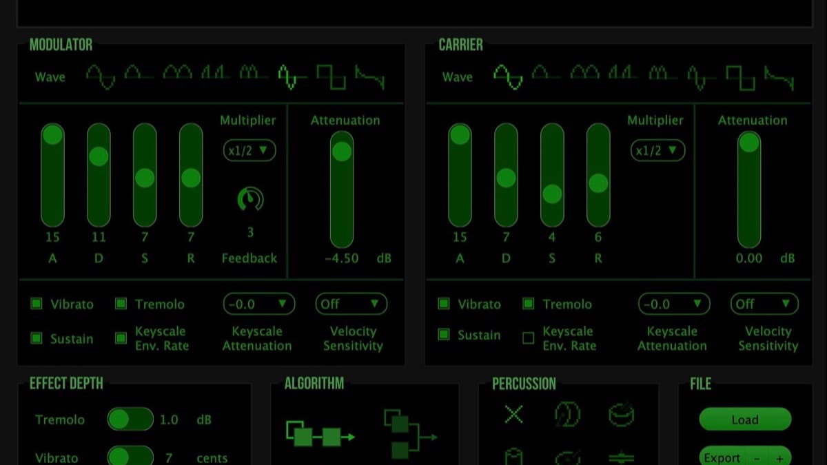 discoDSP OPL 3.0 FM synthesizer plugin interface emulating the Yamaha OPL2 chip